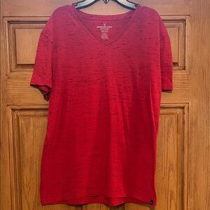 American Eagle Outfitters Men's Red V-Neck Slub Short Sleeve Tee